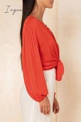 Ingvn - Buttons Design Lace-up Red Blouse
