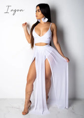 Ingvn - Sexy Women Set Two Pieces Spaghetti Strap Top Long Slit Skirt Summer Chiffon 2 Pieces Set Outfit Solid Pattern Outdoor Wear