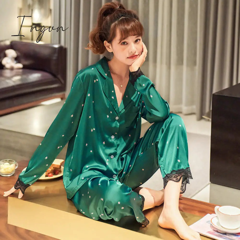 Ingvn - New Pajamas For Women Long Sleeve Pajamas Suit Female Simple Style 2 Pieces Pajamas Silk Women's Home Clothes Set Pantsuits