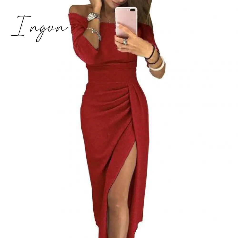 Ingvn - Spring Autumn Solid Women's Tunic Lady Evening Party Dresses Off Shoulder High Waist Long Dress Elegant Sexy Club Vestidos