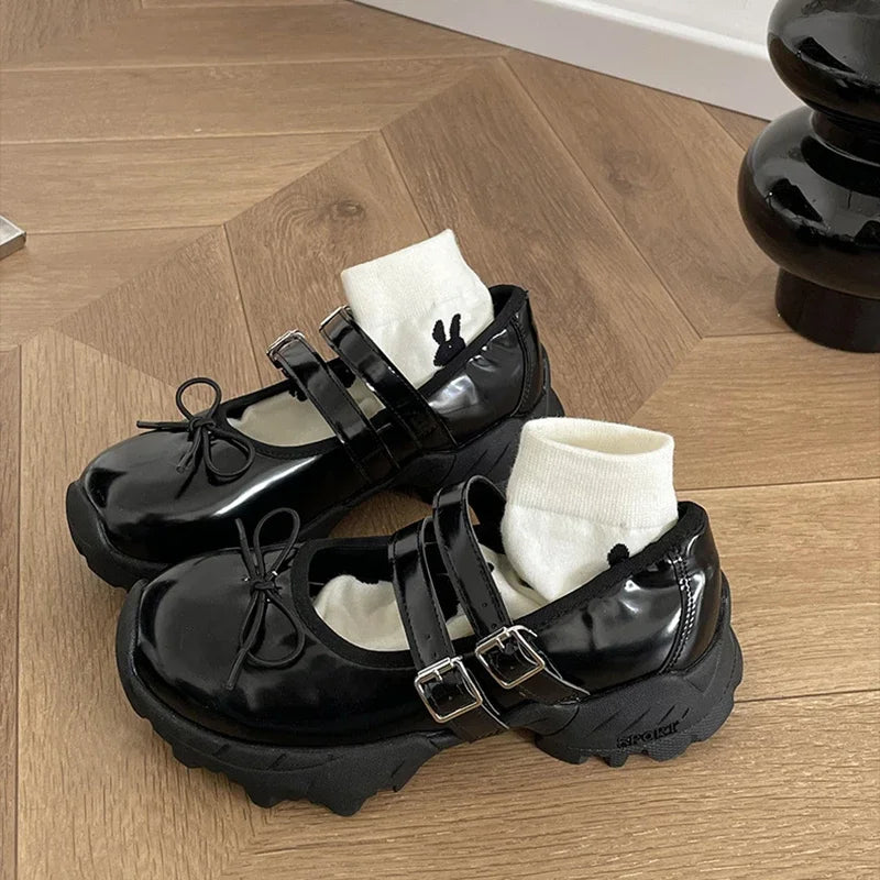 Ingvn  Chunky Women Mary Jane Shoes Fashion Elegant Shallow Butterfly-knot Shoes Ladies Outdoor Street Style Thick Heel Shoes
