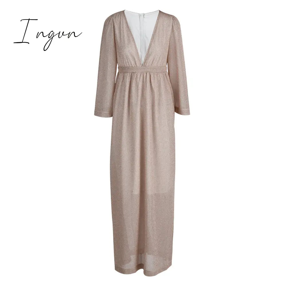 Ingvn - Fashion Elegant Solid Patchwork Fold V Neck Evening Dress Dresses(4 Colors)