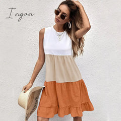 Ingvn - 2023 Summer European and American Women's Loose Casual Splice Contrast Ruffled Sleeveless Tank Top Dress