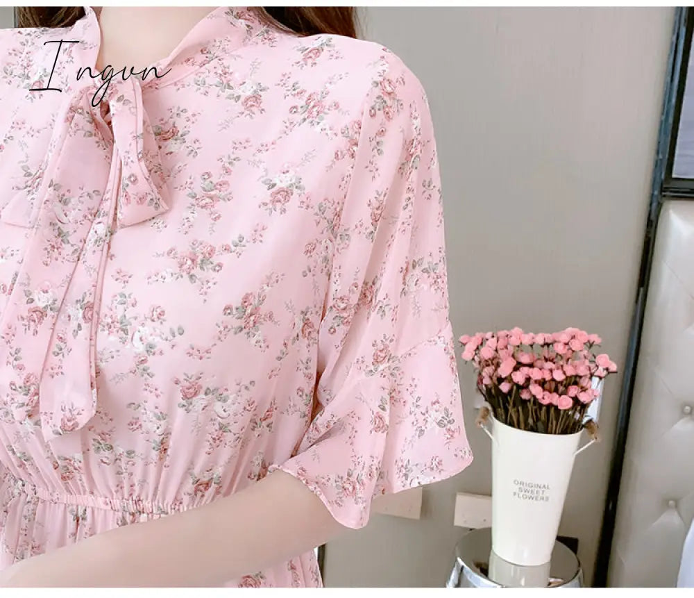 Ingvn - Women Mini Dress Spring New V-neck Floral Chiffon Dress High Waist Flare Sleeve Female Dress Woman's Dress KarolyiDora KA88