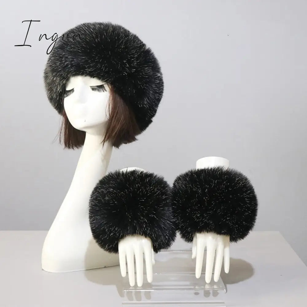 Ingvn - New Autumn Winter Caps Female Hats Cuffs Set Fashion Warmth Imitation Quality Design Faux Fur Hat Fox Fur Sleeves Suit Accessary