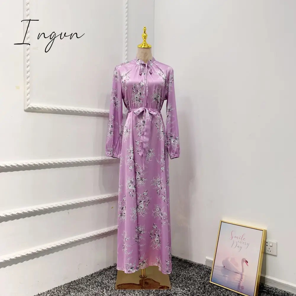 Ingvn - New Morocco Long Dress Muslim Women Flowers Printed Silky Long Abayas Robes Fancy Maxi Dress French Stylish Islamic Dress Belt