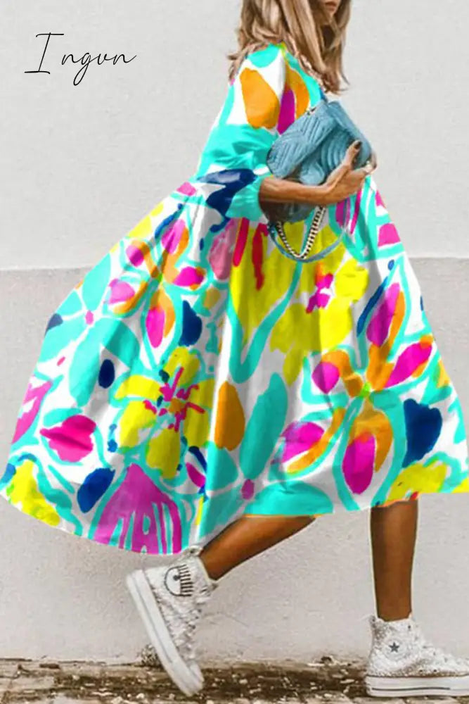 Ingvn - Casual Print Patchwork Turndown Collar Cake Skirt Dresses(11 Colors)