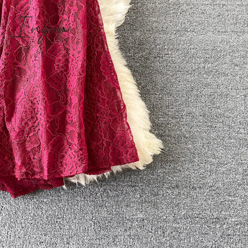 Ingvn - Vintage Purple/Green/Red Lace Midi Dress Women Sweet Round Neck Ruffle Vestidos Female High Waist Slim Robe Spring Autumn