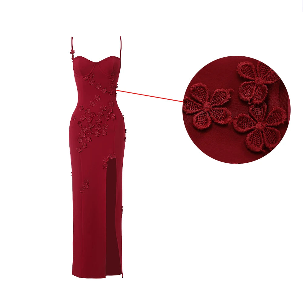 Women's Maxi Gala Dress Elegant 3D Flower Spaghetti Strap Dress Fashion High Split Club Party Dress Sexy