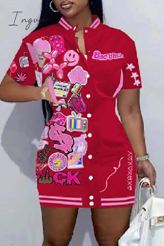 Ingvn - Black Casual Print Patchwork O Neck Short Sleeve Dress Plus Size Dresses