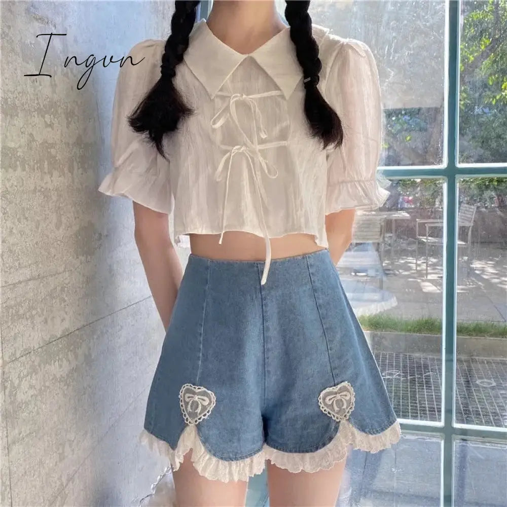 Ingvn - Summer Outfits Trends Cute Lolita Girls Denim Shorts Japanese Sweet High Waist Lace Irregular Women's Shorts S-4XL Summer Kawaii Sexy Blue Shorts