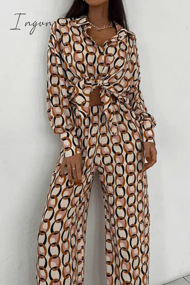 Ingvn - Casual Geometric Print Buttons Turndown Collar Long Sleeve Two Pieces