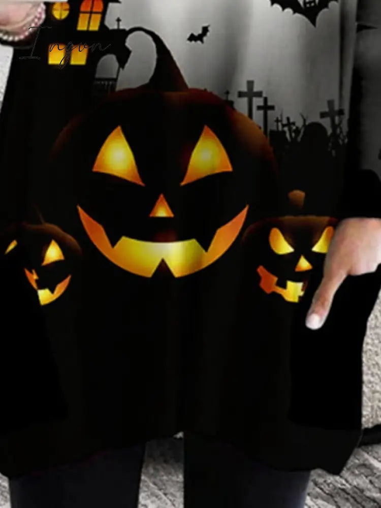 Ingvn - Women‘s Halloween Dress Casual Dress T Shirt Dress Tee Dress Shift Dress Mini Dress Black Long Sleeve Pumpkin Print Fall Winter Autumn Crew Neck Stylish Loose Fit 2023 XXS XS S M L XL 2XL 3XL 4XL 5XL