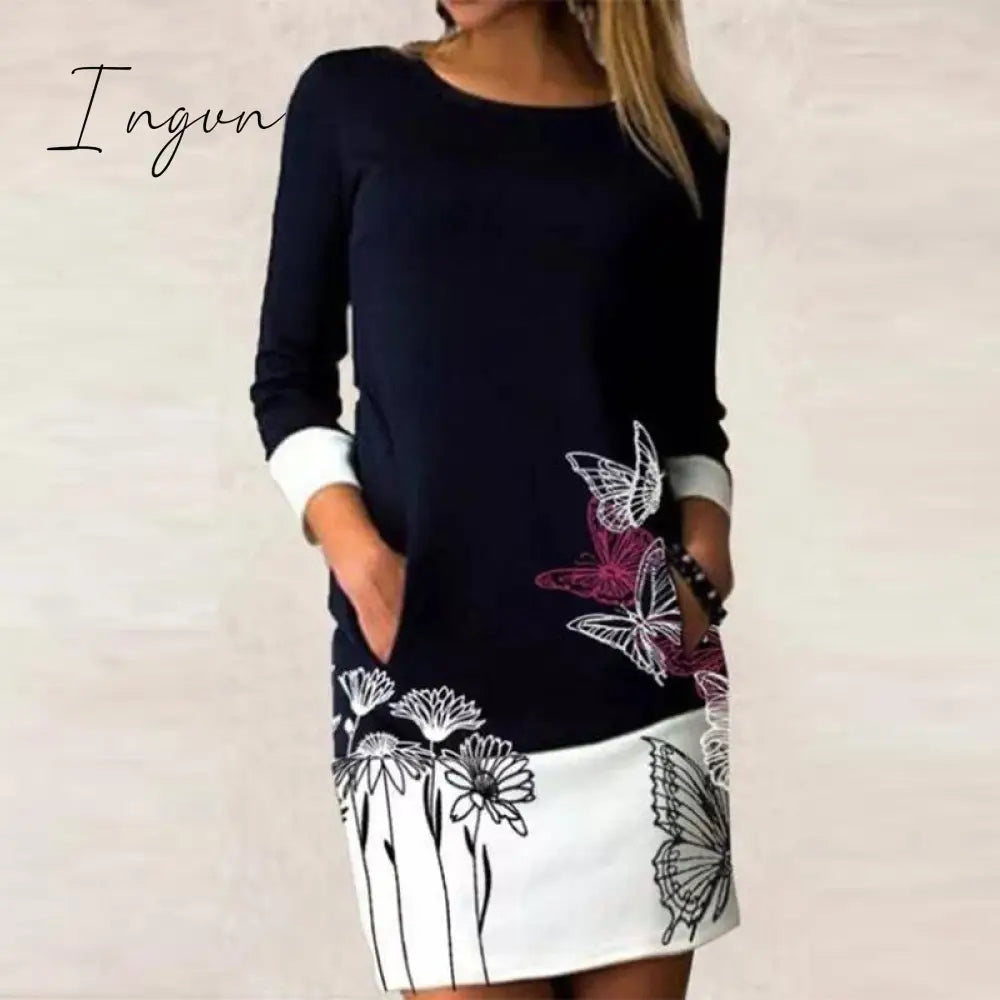 Ingvn - Autumn Women Elegant Floral Print Patchwork Dress Casual Long Sleeve Straight Dresses Female Long Sleeve Loose Vintage Vestidos