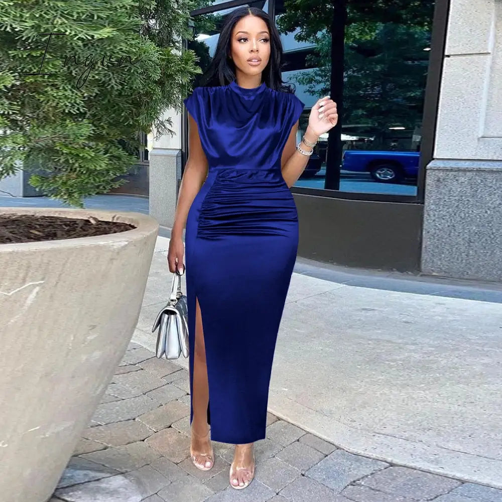 Ingvn - Women Dress Pleated Long Wine Red Elegant Slit High Collar Slim Fit Sleeveless Maxi Robes Female Shiny Gowns Party 2023 Spring