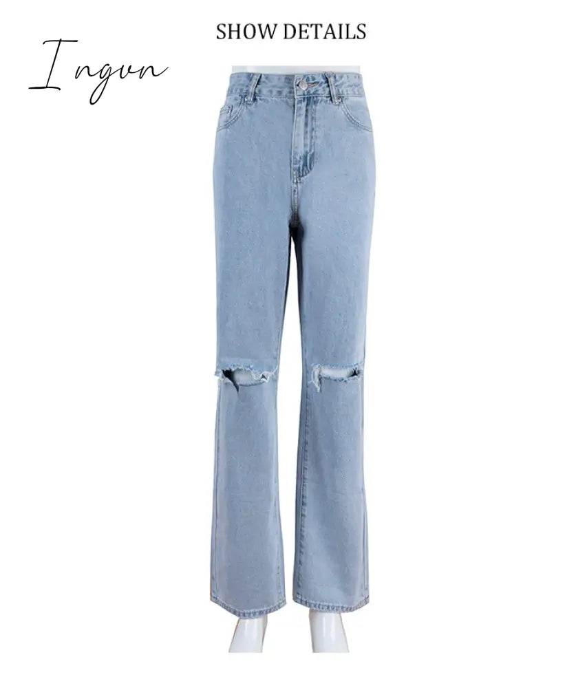 Ingvn - Womens Loose Fit Jeans Ripped Wide Leg For Women High Waist Blue Wash Casual Cotton Denim Trousers Summer Baggy Jean Pants