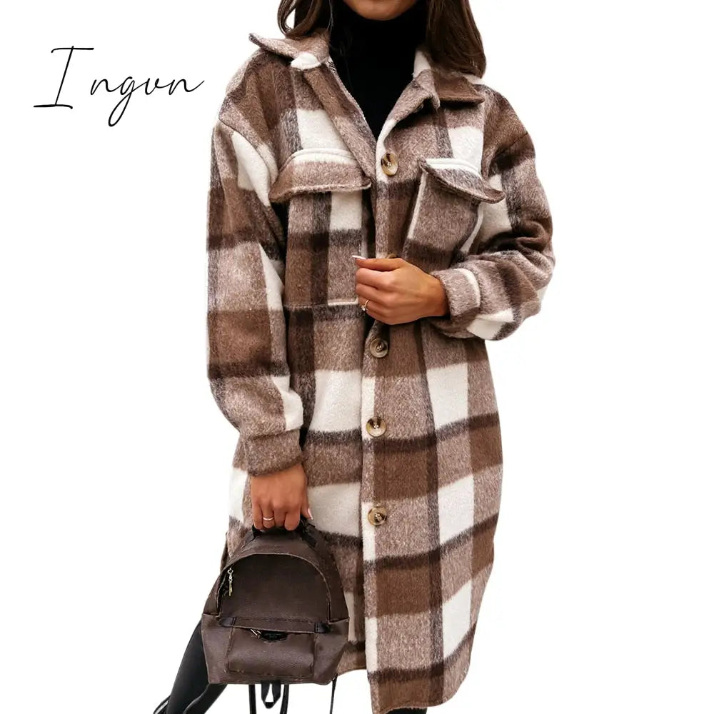 Ingvn - Lapel Single-breasted Double-pocket Plaid Coat