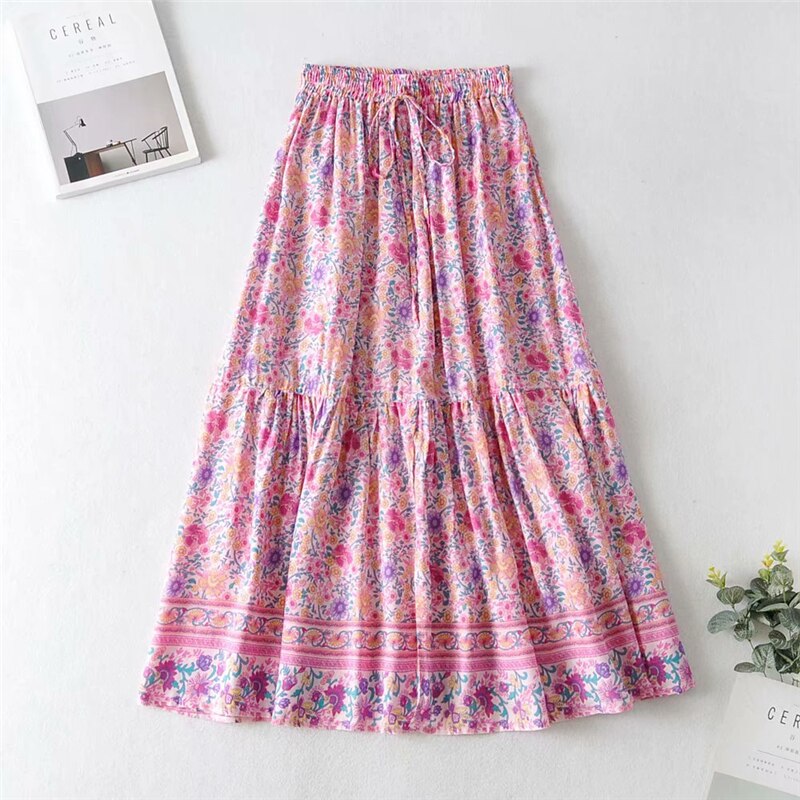 Vintage Chic Fashion Women Pink Floral Print Split Beach Bohemian Skirt High Elastic  A-Line Boho Rayon Maxi Skirts Femme