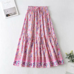 Vintage Chic Fashion Women Pink Floral Print Split Beach Bohemian Skirt High Elastic  A-Line Boho Rayon Maxi Skirts Femme