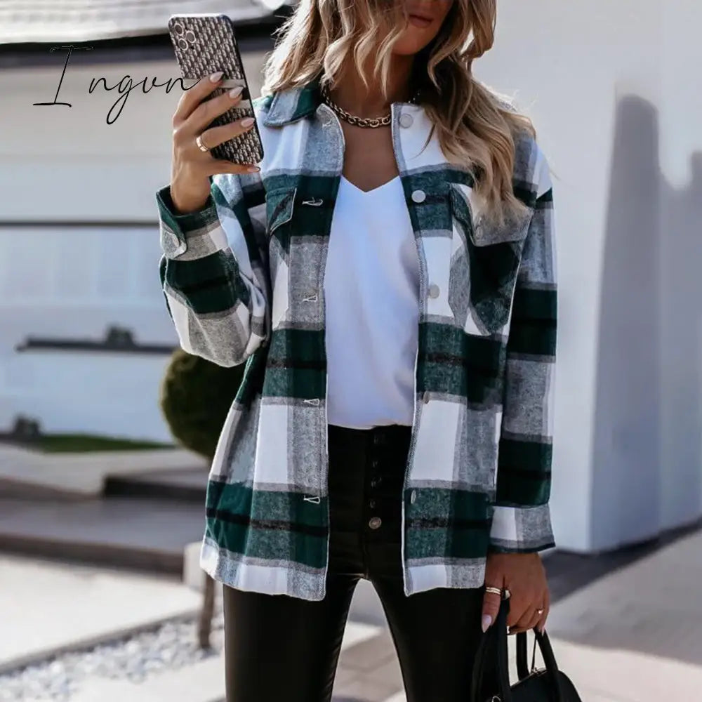 Ingvn - Shirts For Women Plaid Long Sleeve Button Up Shirt Collared Tops And Blouse Autumn Spring Fashion Loose Casual Black White