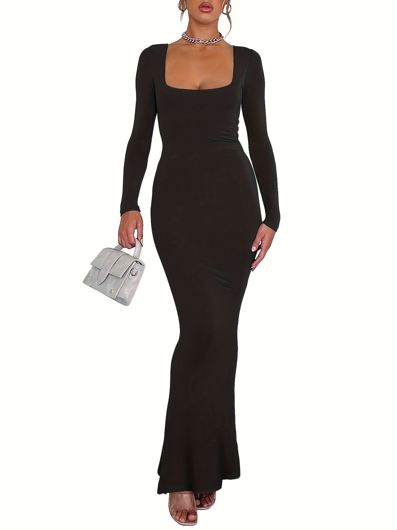 Bodycon Maxi Dresses Long Sleeve Wedding Guest Long Dress Casual Rib Knit Scoop Neck Fall Dress