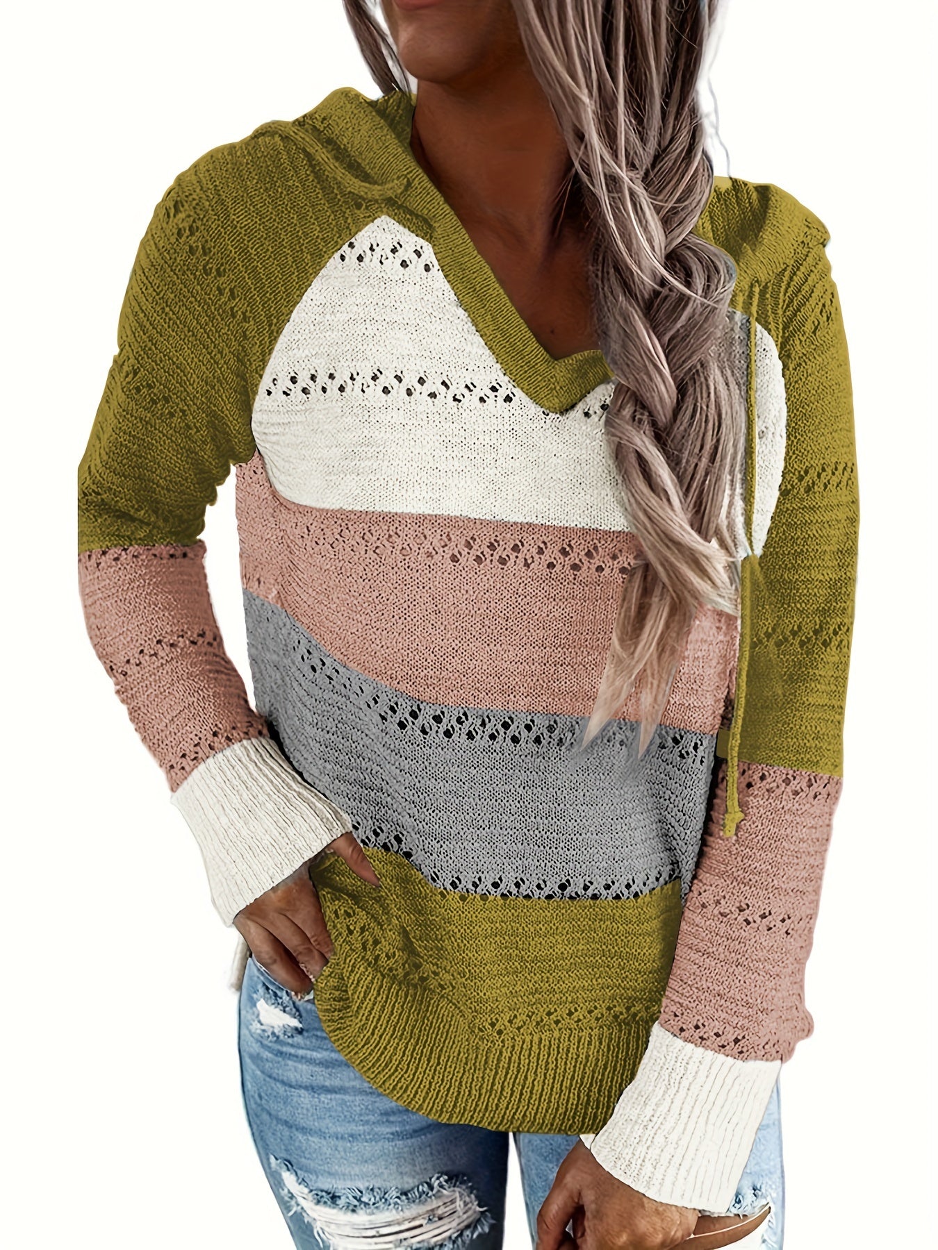 Color Block Drawstring Hooded Sweater, Casual Long Sleeve Sweater For Fall & Winter, Women's Clothing