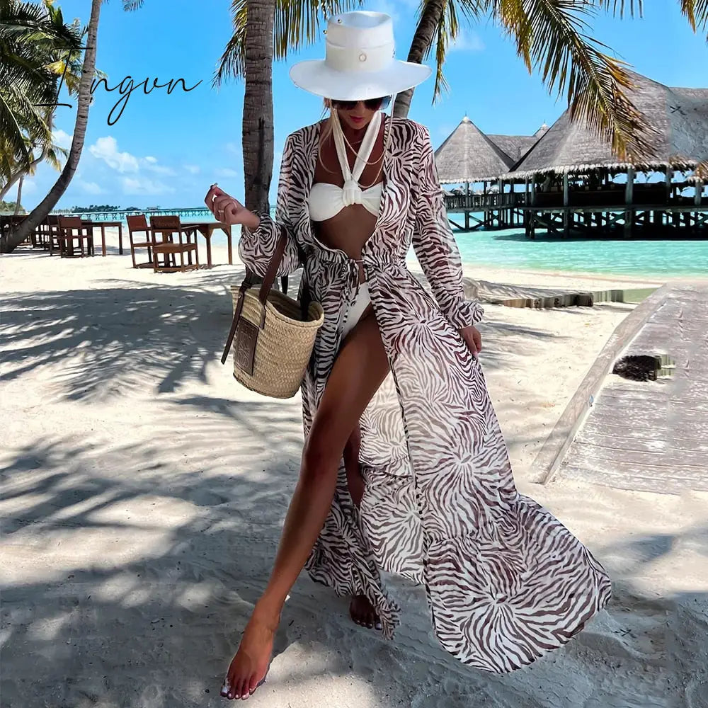 Ingvn - 2023 Swimsuit Cover Up Kaftan Tunic Dress Print Chiffon Pareo Kimono Summer Women Beachwear Beach Cover-up Cardigan Outfits