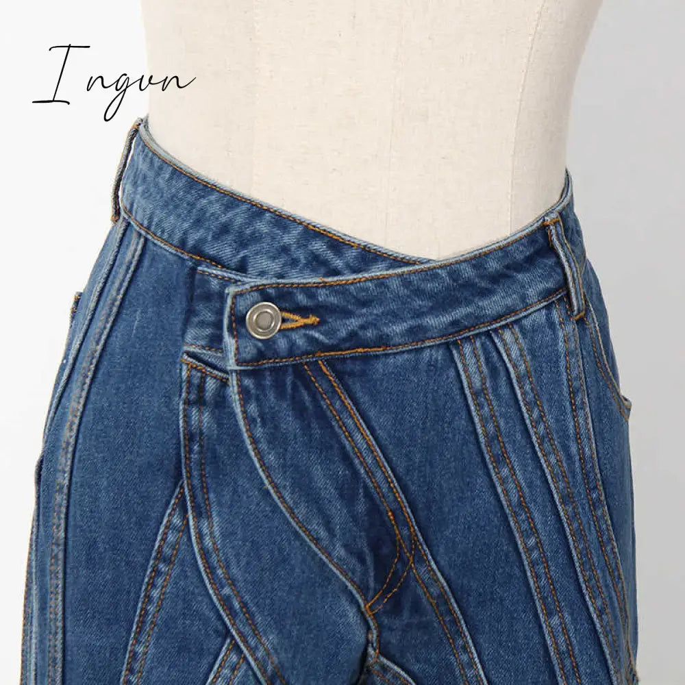 Ingvn - Asymmetrical Spliced Oblique Waist Placket Trousers New Loose Fit Pants Women Fashion Tide Spring Autumn