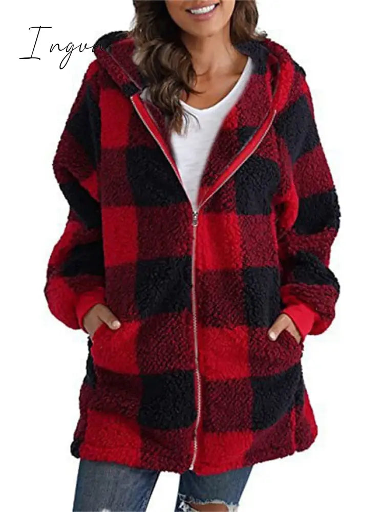 Ingvn - Women's Sherpa Jacket Fleece Long Teddy Coat Windproof Warm Home Christmas Daily Wear Vacation Zipper Pocket Zipper Hoodie Ordinary Modern Plush Plaid Regular Fit Outerwear Long Sleeve Winter Fall