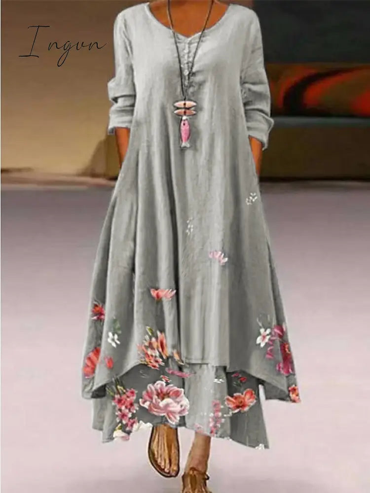 Ingvn - Women‘s Long Dress Maxi Dress White Yellow Pink Long Sleeve Floral Print Summer Spring Fall Crew Neck Summer Dress Regular Fit 2023 S M L XL XXL 3XL 4XL 5XL