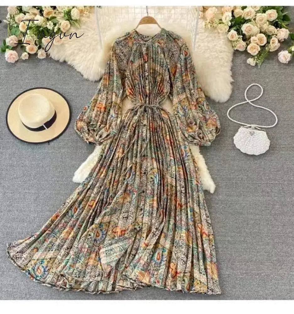 Ingvn - Retro spring and autumn new retro temperament breasted bow halter dress women's long-sleeved irregular knee-length dress