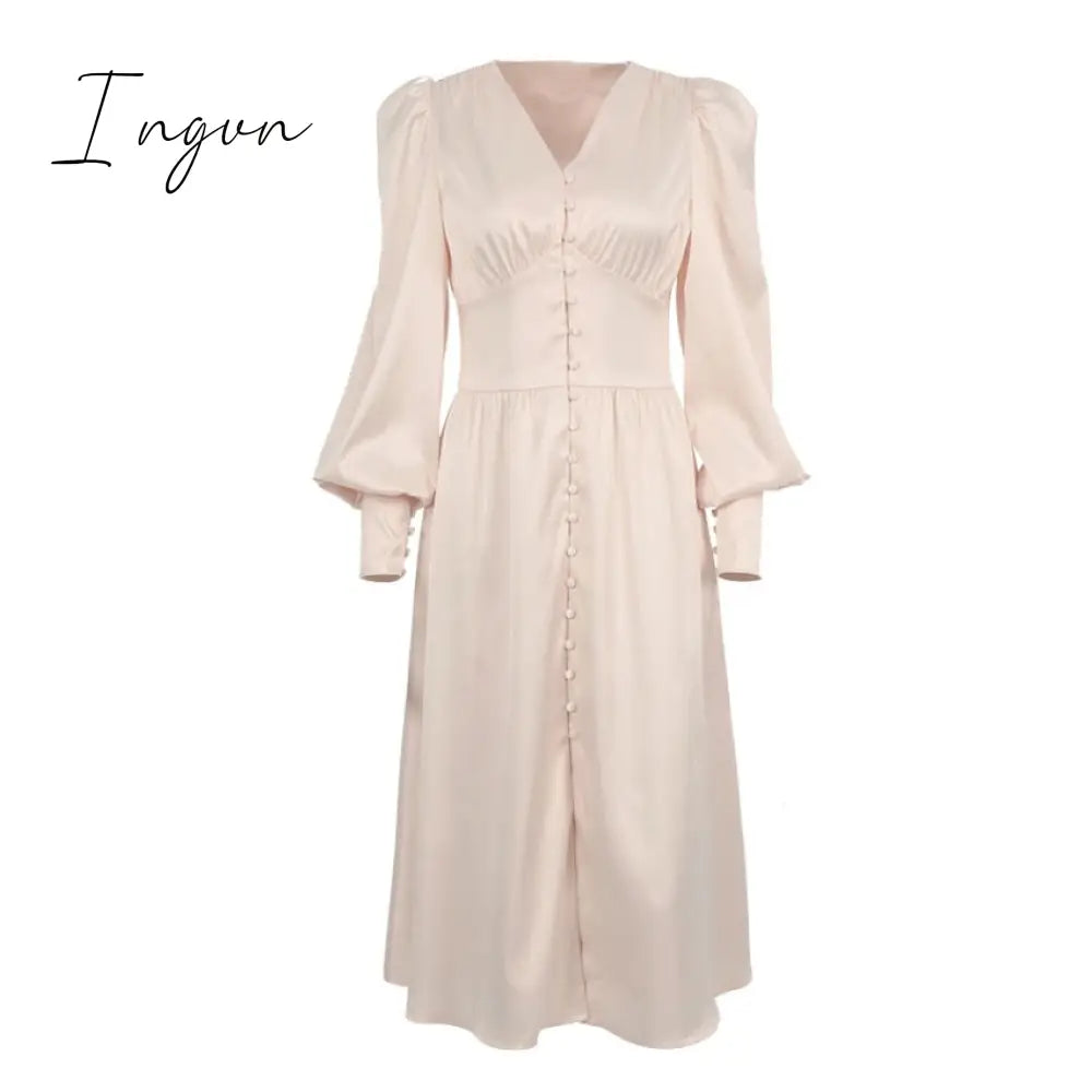 Ingvn - Puff Sleeve Vintage Satin Midi Dress Women V-Neck Party Pleated Dress Black Elegant Bodycon Dress Ladies Chic Ruched