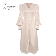 Ingvn - Puff Sleeve Vintage Satin Midi Dress Women V-Neck Party Pleated Dress Black Elegant Bodycon Dress Ladies Chic Ruched