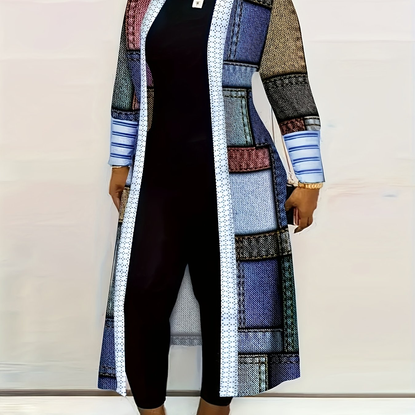 Long Sleeve Colorblock Geometric Print Casual Open Front Cardigan, Women's Clothing