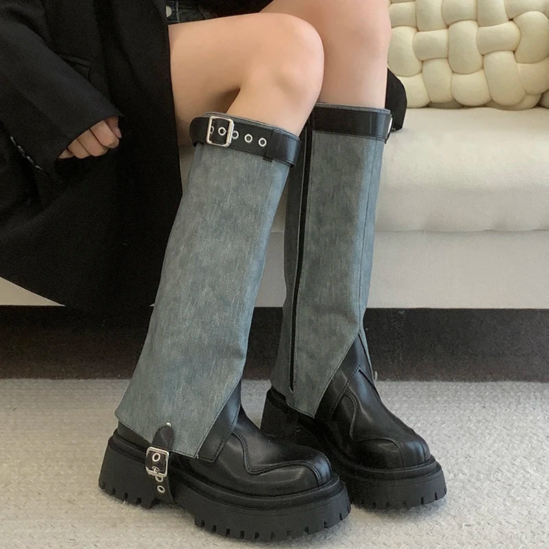 Ingvn  Vintage Winter Belt Buckle Women Knee High Boots Fashion Slip On Long Booties Designer Thick Heels Botas De Mujer