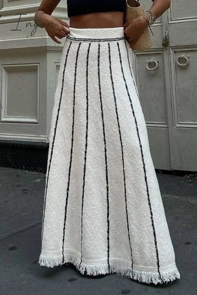 Ingvn - British Style Elegant Striped Tassel Patchwork High Waist Type A Patchwork Bottoms