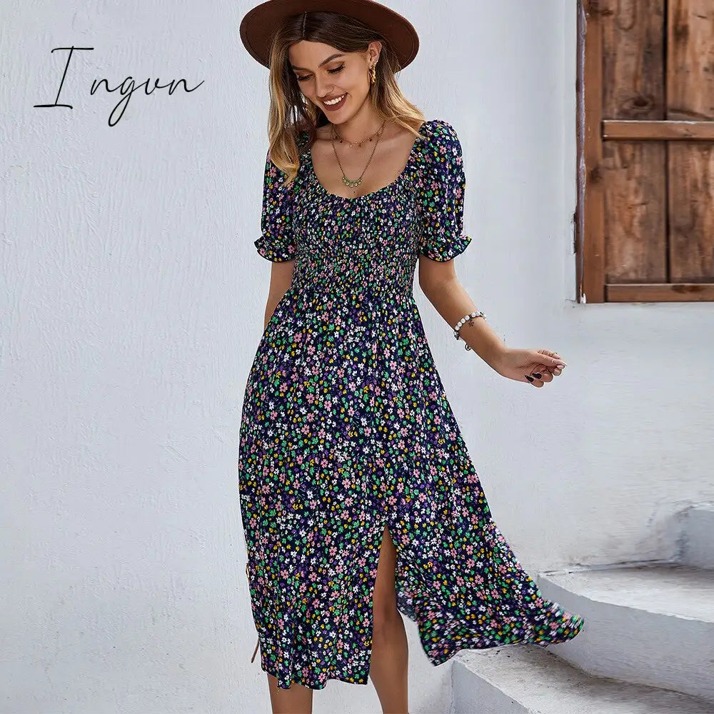 Ingvn - Ladies Sexy Vintage Floral Print Boho Summer Dress Women Casual Elastic Bohemian Beach Dress Women Sundress Robe Vestidos Female