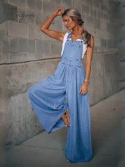 Ingvn - Summer Overalls For Women Blue Denim One-Piece Jumpsuits Loose Wide-Leg  With Pocket High-Waist Jumpsuits
