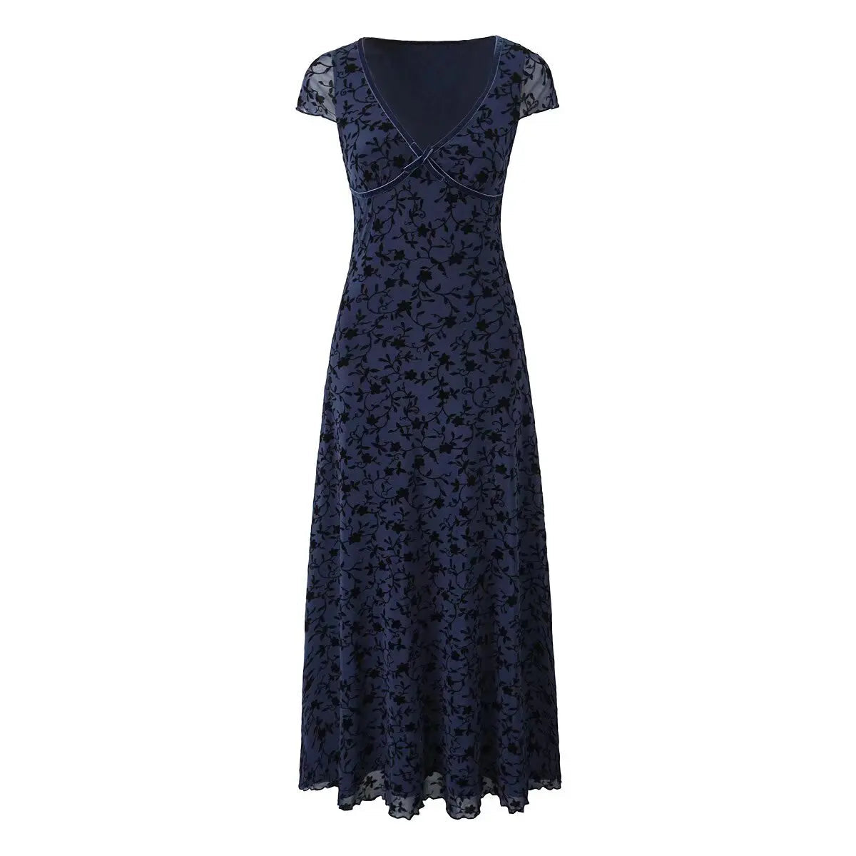 New Women Navy Blue Floral Print Mesh A-line Midi Dress High Waist V Neck Short Sleeve Summer Dresses Vintage  Robe