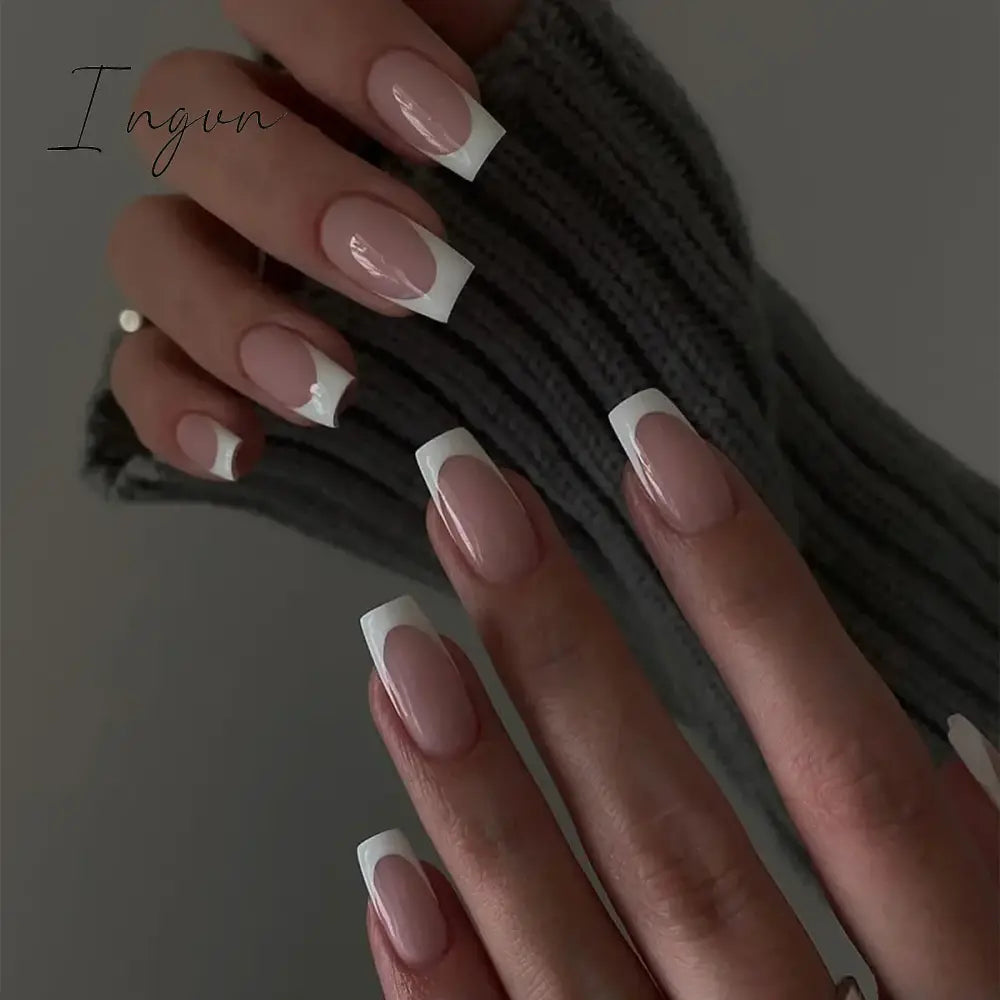 24Pcs French Tip  Press on Nails Short Coffin False Nails Simple Wearable Fake Nails Frosted Full Cover Press on Nail Tips Art