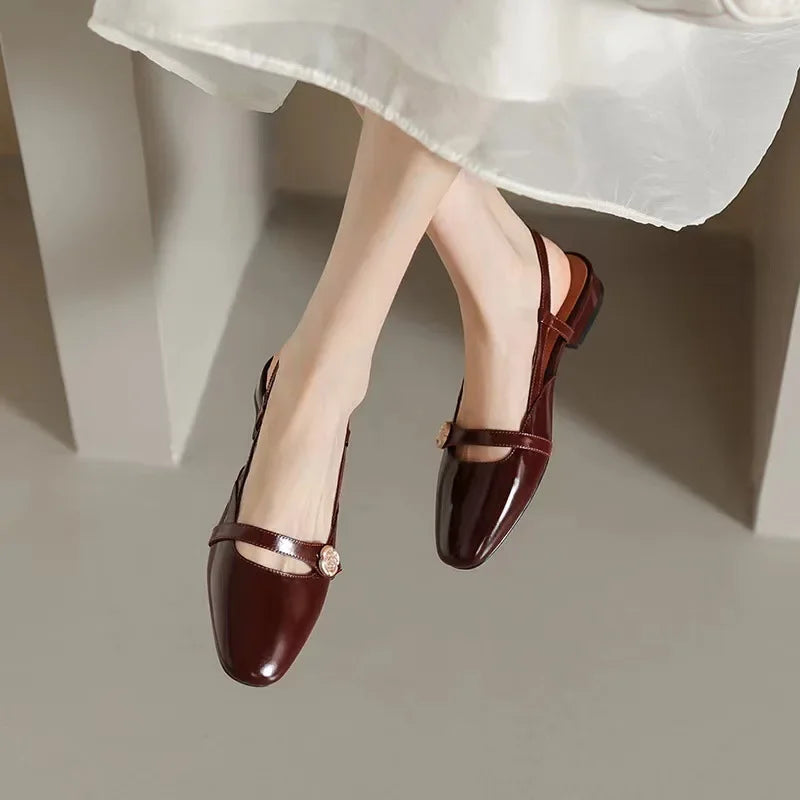 Women's Retro Soft Leather Chunky Heel Design Mary Jane Sandals Spring New Pointed Toe Women PU Leather Comfort Single Shoe