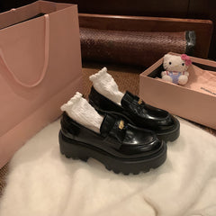 Cowhide version ~ grape mother with gas small gold coin pointed round head thick heel pedal loafers women's thick-soled small leather shoes
