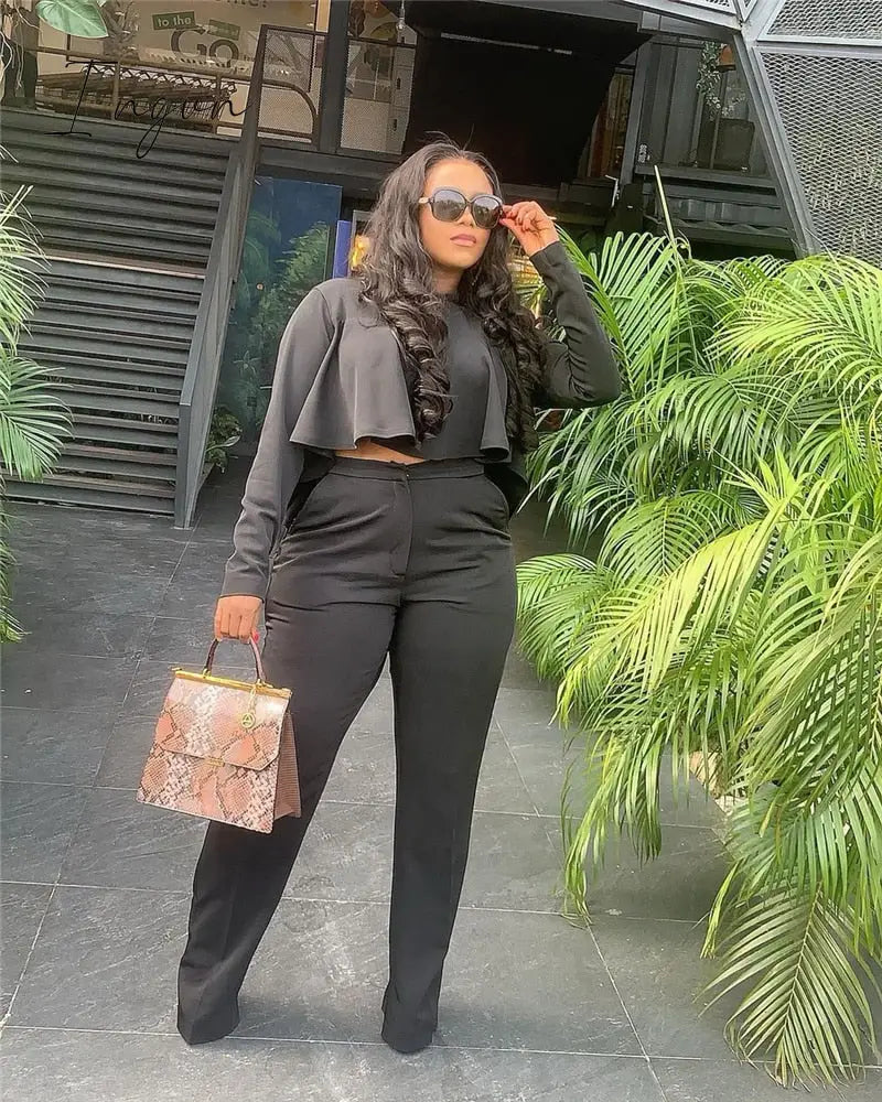 Ingvn - 2023 Elegant Work Wear Two Piece Set Fall Clothes for Women Ruffles Crop Top and Wide Leg Pants Suits Matching Sets Sexy Club Outfits