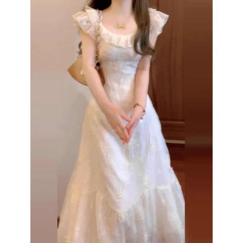 French Style Solid Color Summer Dress Women's Knee-Length Sleeveless Holiday Beach Vacation Skirt Short Flounce Sleeve