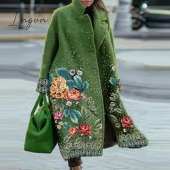 Ingvn - Trends Hot Sale Autumn Winter Long Sleeve Pocket Green Outwear Casual Loose Blend Wool Long Overcoat Women Vintage Button Cardigan Tops Jackets