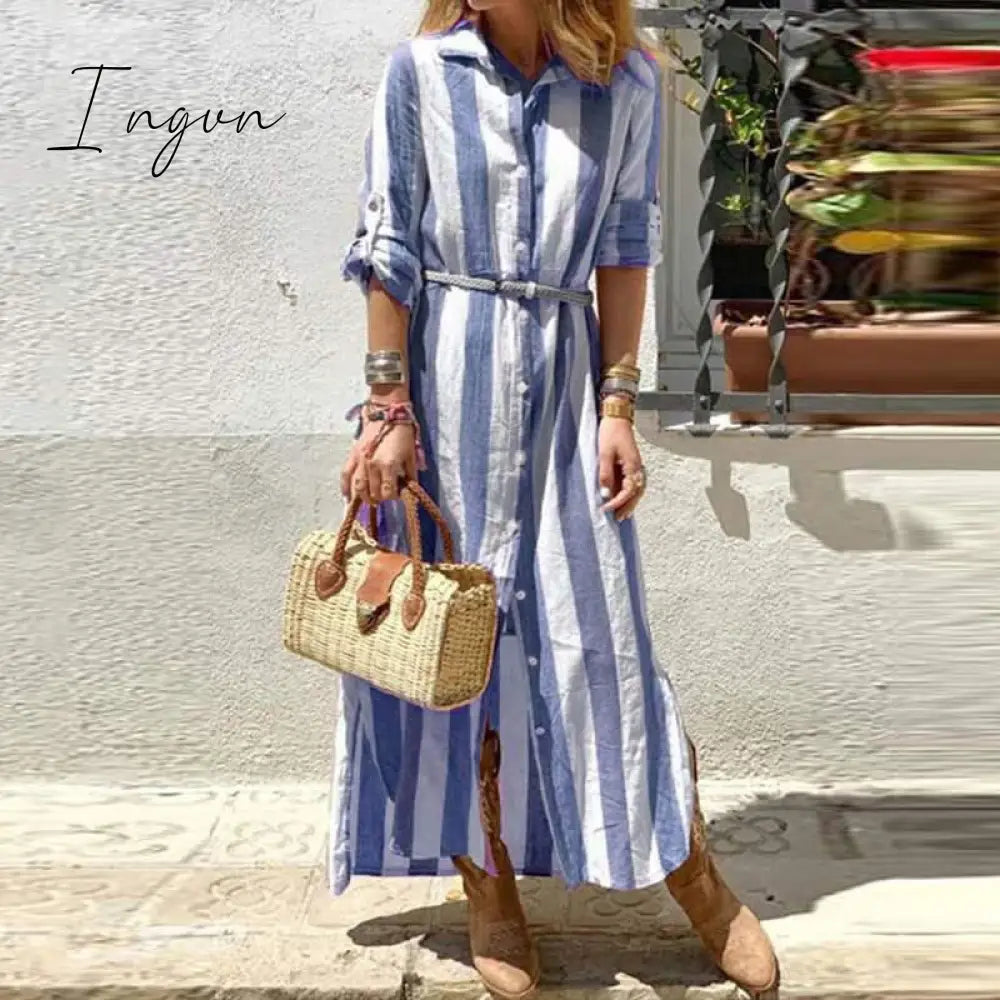 Ingvn - 2023 Fashion Trends Autumn Casual Long Sleeve Office Shirt Dress Elegant Striped Print Single-Breasted Long Dress Women Lapel Harajuku Loose Dresses