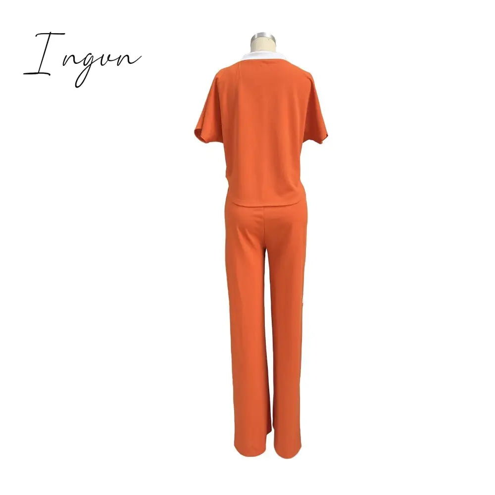 Ingvn - Summer Fashion Casual Two Piece Set Women V Neck Short-sleeved T-shirt Elastic Straight Pants Two Piece Suit Women