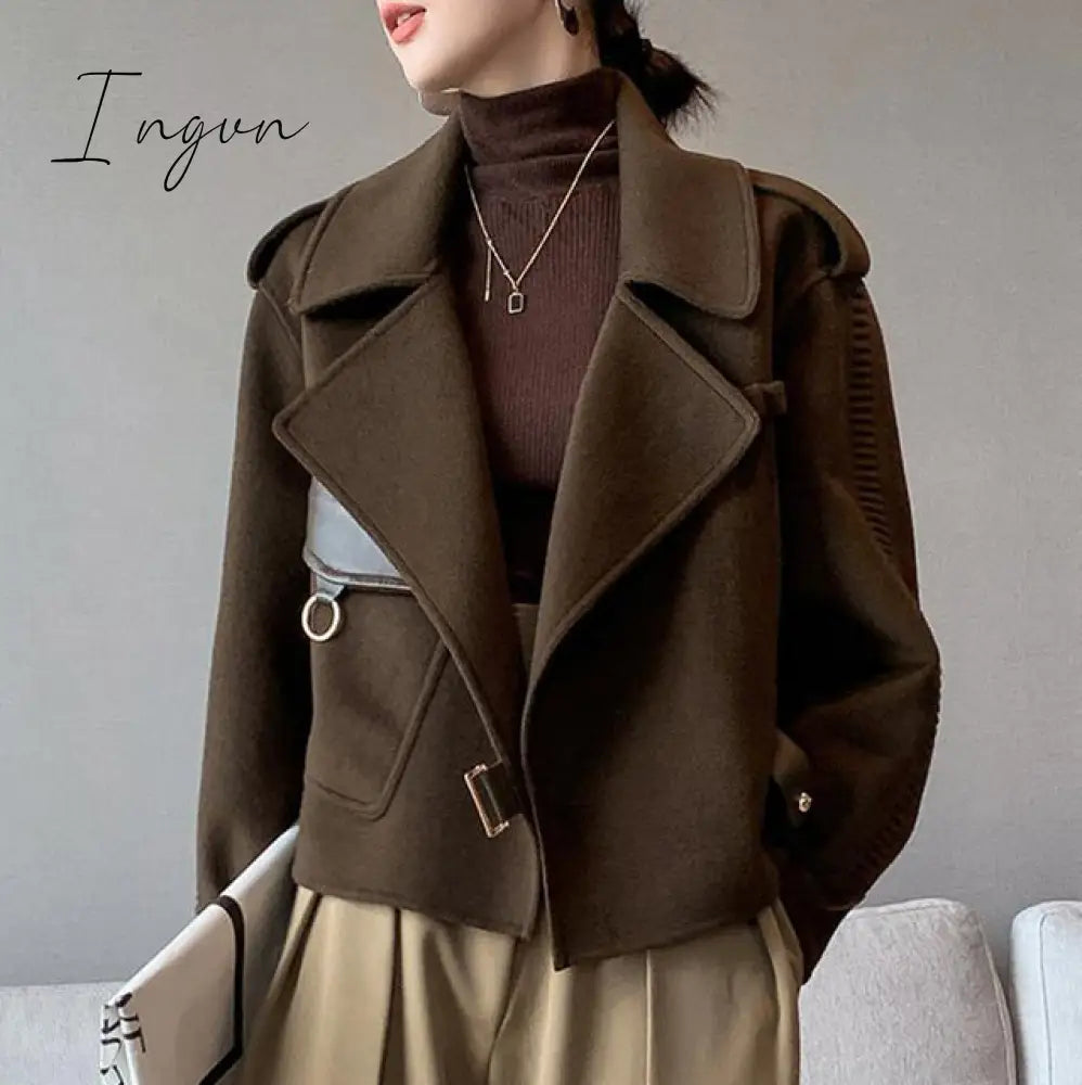 Ingvn - Women's Autumn Coat Pockets Solid Loose Short Jackets Ladies Wool &amp; Blends High Street Spring Woolen Coats for Women