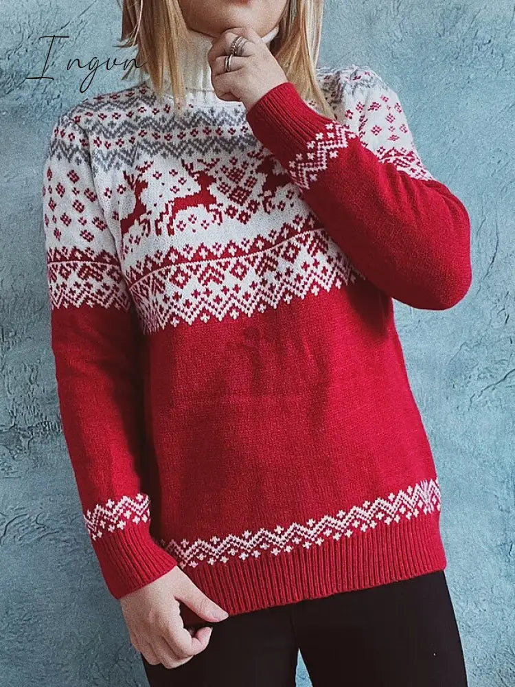 Ingvn - Women's Ugly Christmas Sweater Pullover Sweater Jumper Jumper Ribbed Knit Patchwork Geometric Turtleneck Stylish Casual Christmas Daily Fall Winter Red S M L