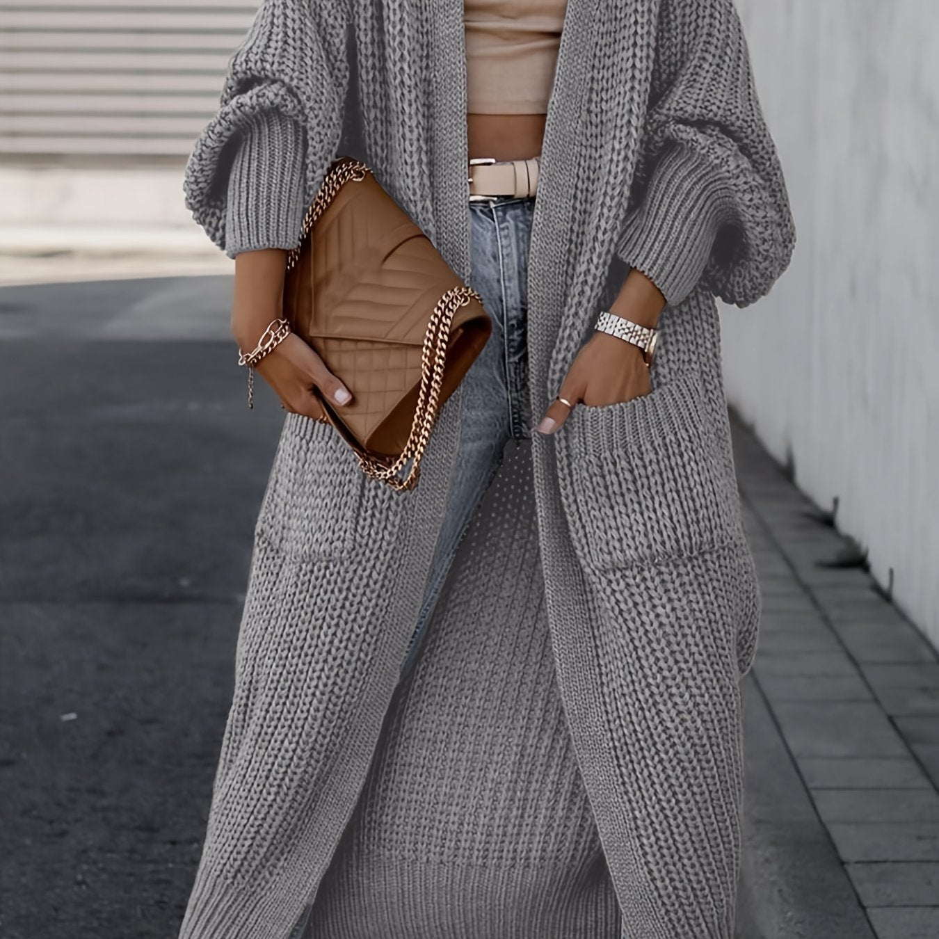 Solid Open Front Pocket Cardigan, Casual Long Sleeve Long Length Sweater For Fall & Winter, Women's Clothing